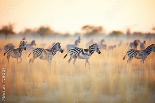 zebra herd moving across grasslands at dusk