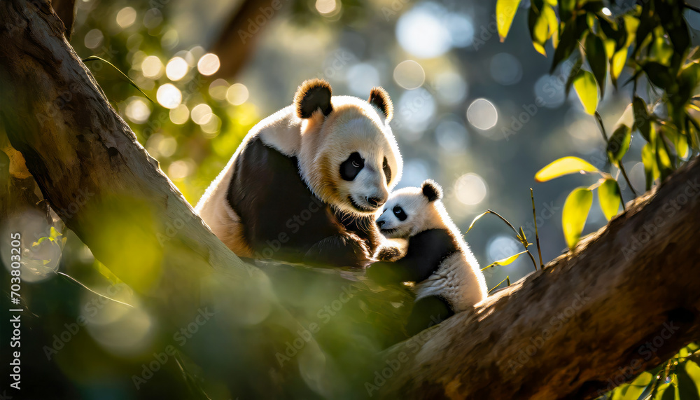 panda bear and its cub sitting in the eucalyptus tree, generative ai