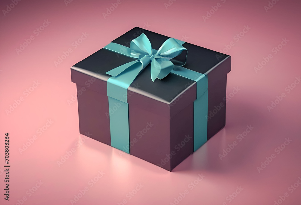 Fototapeta premium Elegant black gift box with turquoise ribbon on a pink background.