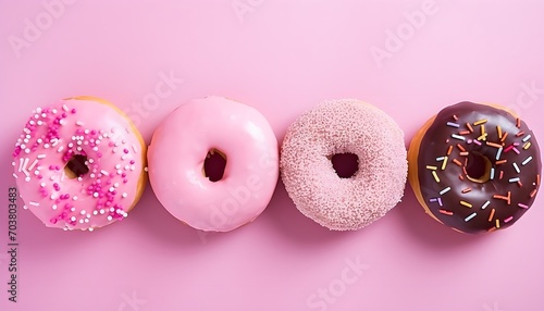 Assortment of pastel colorful donuts on pink table top view, flat lay. Banner for confectionary