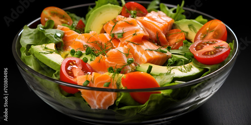 Salmon salad with avocado in glass bowl on black stone background .Salmon salad with avocado in glass bowl on black stone background .