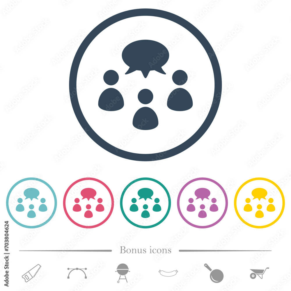 Three talking persons with oval bubble solid flat color icons in round outlines Three talking persons with oval bubble solid flat color icons in round outlines