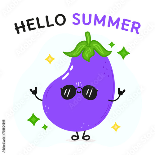 Eggplant character. Hello summer card. Vector hand drawn cartoon kawaii character illustration icon. Isolated on white background Eggplant character concept