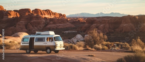 Adventures on a camper outdoor on the road car van moterhome. photo