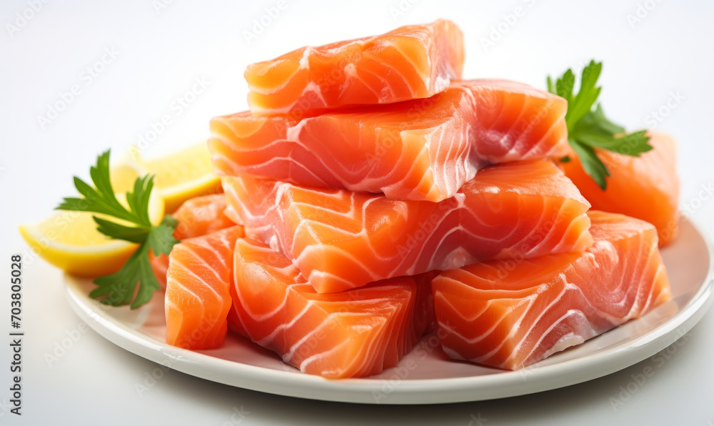 Fresh Sliced Salmon Sashimi Piled Neatly, Raw Fish in Vibrant Orange Color Ready for Japanese Cuisine on a Clean White Background Fresh Sliced Salmon Sashimi Piled Neatly, Raw Fish in Vibrant Orange Color Ready for Japanese Cuisine on a Clean White Background