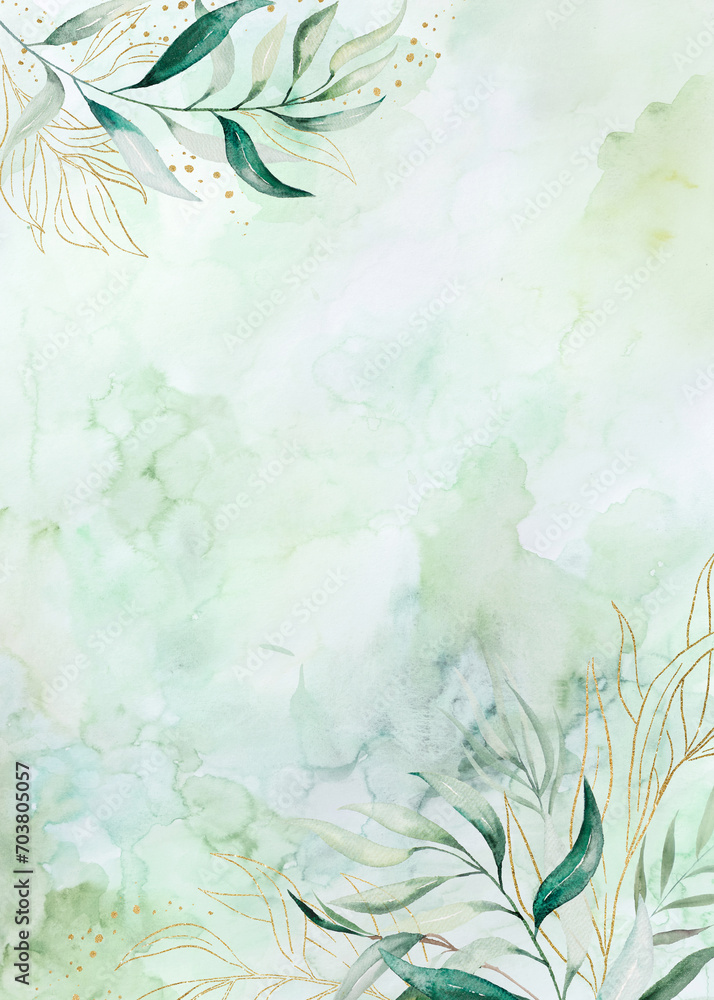 Watercolor light green hand painted background with green and golden leaves bouquets