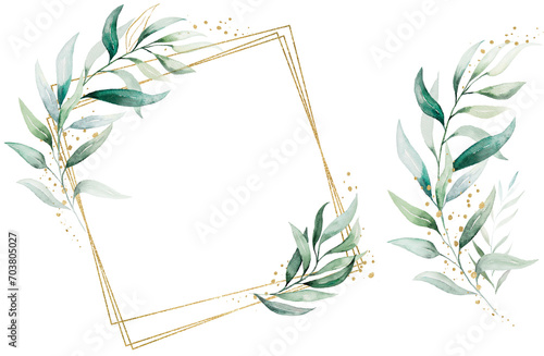 Geometric golden frame and bouquet with green watercolor leaves, isolated illustration photo