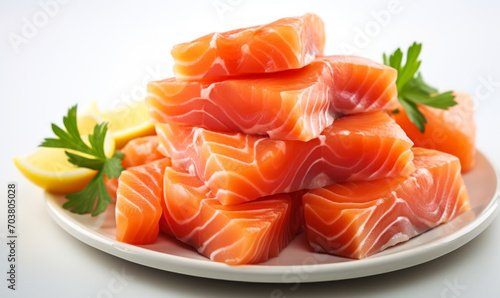 Fresh Sliced Salmon Sashimi Piled Neatly, Raw Fish in Vibrant Orange Color Ready for Japanese Cuisine on a Clean White Background