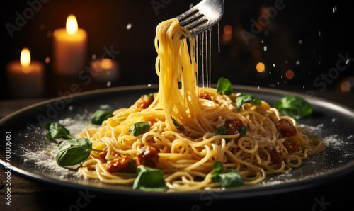 Twirling Spaghetti on a Fork Over a Rustic Plate, Fine Dining Italian Pasta with Sprinkling Parmesan Cheese, Dark Moody Food Photography