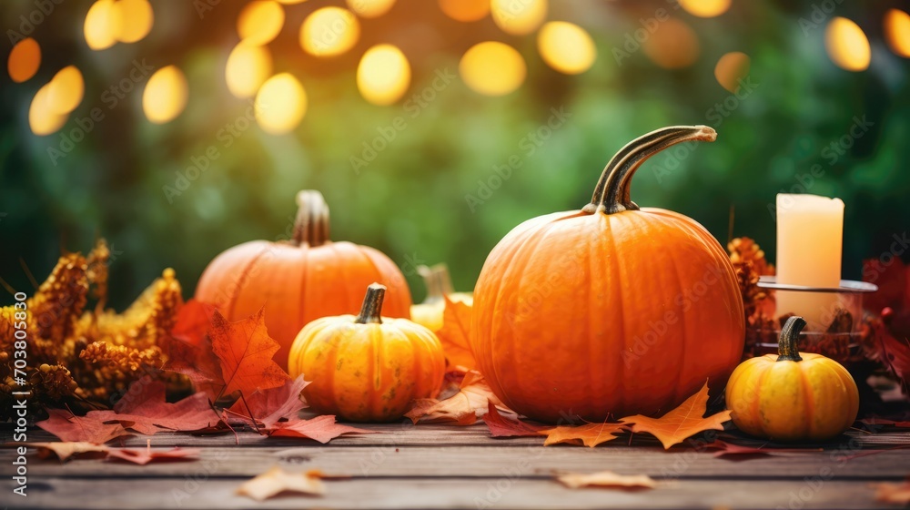 Outdoors Thanksgiving table setting pumpkins and candles Autumn home. Outdoors Thanksgiving table setting pumpkins and candles Autumn home.