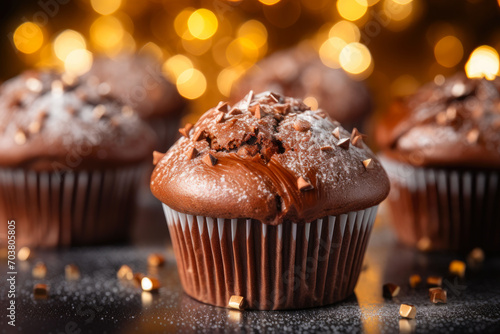 Decadent Chocolate Muffins Amidst Festive Sparkles
