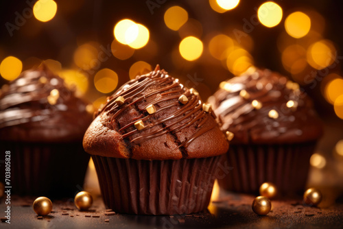 Gourmet Chocolate Muffins and Festive Bokeh