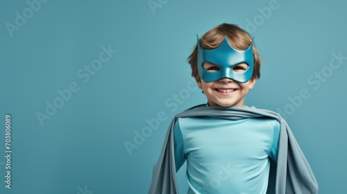 Against a serene pastel blue backdrop, a boy confidently sports his superhero costume. photo
