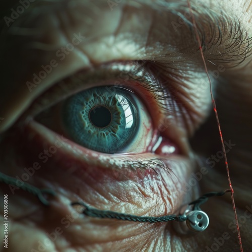 Close up of an old woman's eye with a red thread. photo