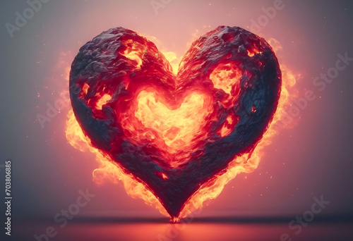 Abstract fiery heart surrounded by flames on a dark background, symbolizing passion or intense emotion.