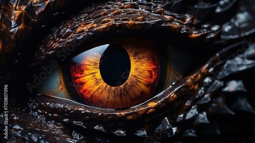 Closeup mysterious dragon eye wild reptile animal. AI generated image photo