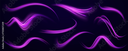 Neon swirls in a big set. Vector glitter light fire flare trace. Illustration of high speed concept. Acceleration speed motion on night road. 