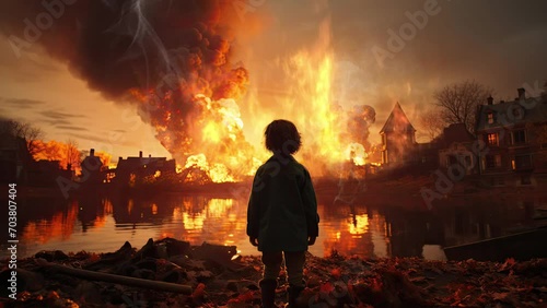 fear of the military power, person watching fire of destroyed house photo