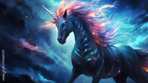 A majestic unicorn on moonlight at forest under the night sky fantasy background. AI generated © MUCHIB
