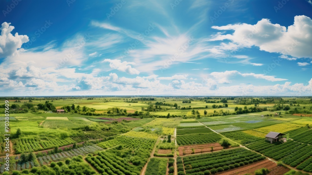 An aerial view of a green field with blue sky. Generative AI. An aerial view of a green field with blue sky. Generative AI.