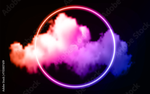 An abstract cloud illuminated with the neon light ring on the night sky. Glowing geometric shape, round frame.
