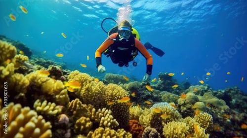 Diver swimming around in Banda, Indonesia underwater photo. There are sponge, reef fishes,