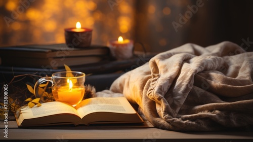 cozy autumn still life with book, tea, candles, and blanket photo