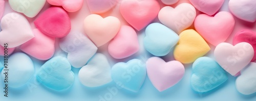 Top view of colorful heart-shaped cotton candy against a pastel-colored background