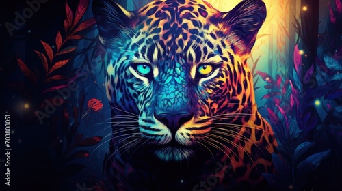 Abstract Fantasy Colorful Leopard wild Cat Animal on dark background. AI generated image