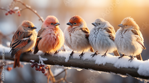 Sparrows on snow in winter, natural scene