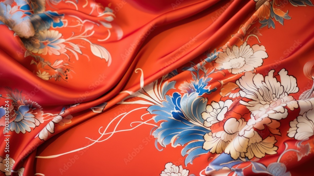Draped silk with chinese patterns. Fabric with asian pattern