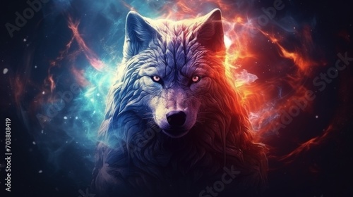 Abstract powerful Wolf animal wildlife in dramatic background. AI generated image © MUCHIB