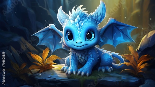 Fantasy rendering cartoon 3d a little cute blue dragon on a forest background. AI generated image