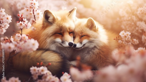 Couple animal fox cuddle hug in blossom flowers field in blur background. AI generated image photo