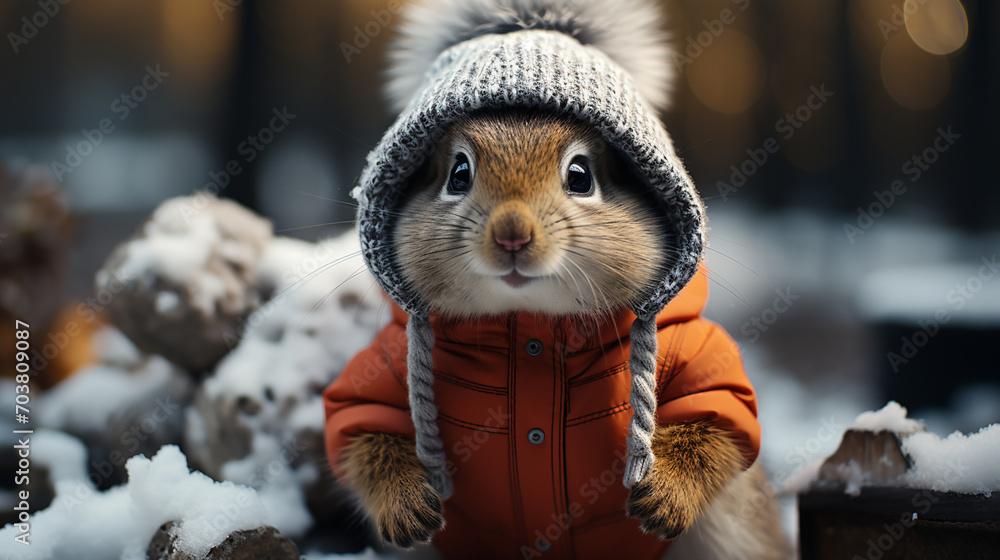 Obraz premium Chipmunks in a warm winter hat, outside
