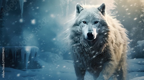 A white wolf walking alone in the snowfalls at winter time. AI generated image