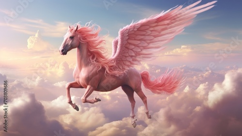 Fantasy a pink pegasus flying sore wings in the dramatic clouds in the sky background. AI generated