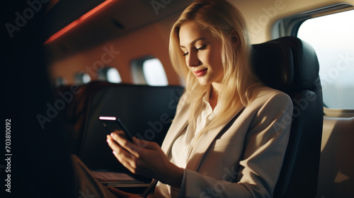 Confident young business woman looking at mobile while sitting in airplane. © Banu