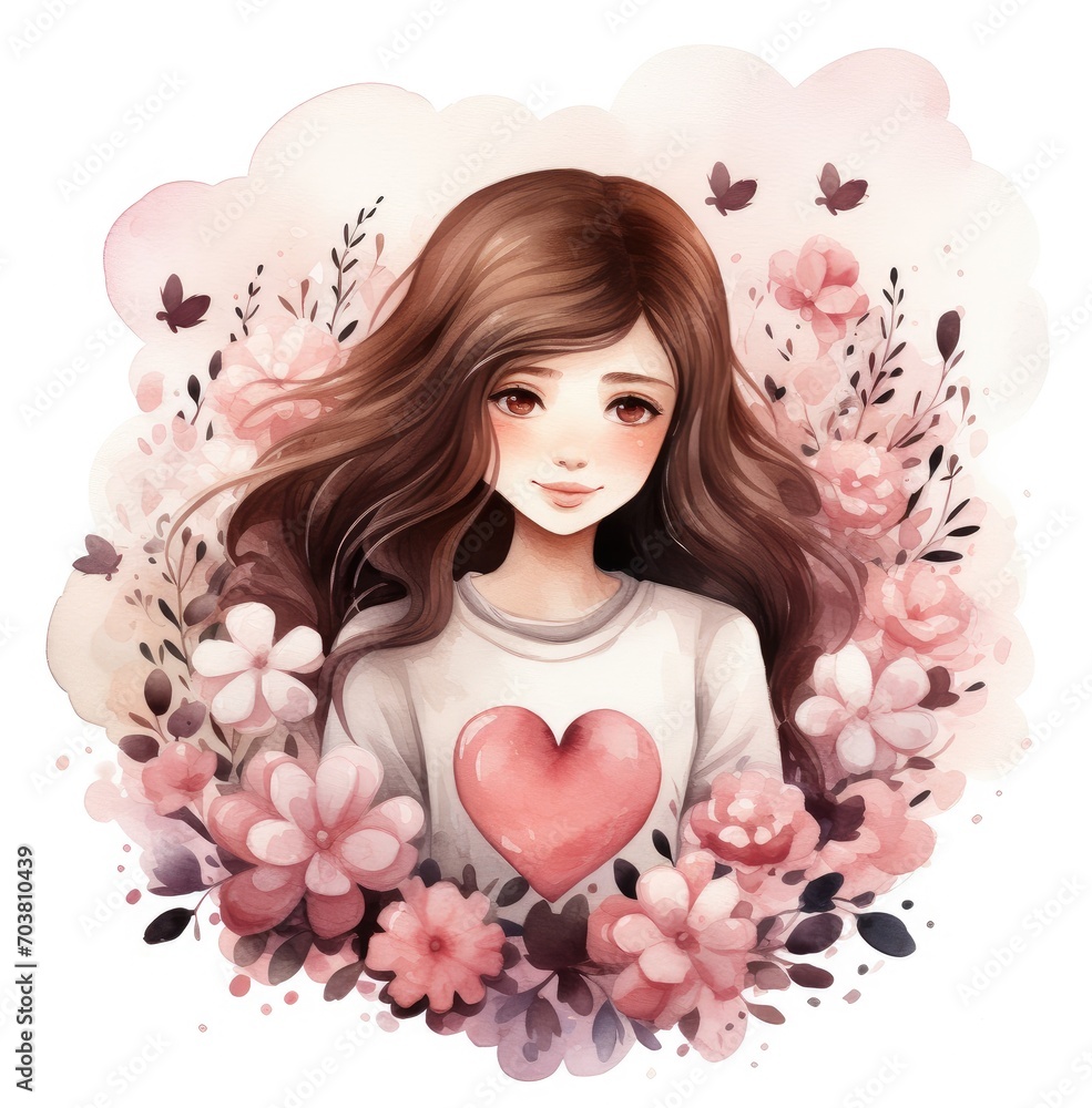 Romantic female illustration. Girl with big eyes. Generative AI Romantic female illustration. Girl with big eyes. Generative AI