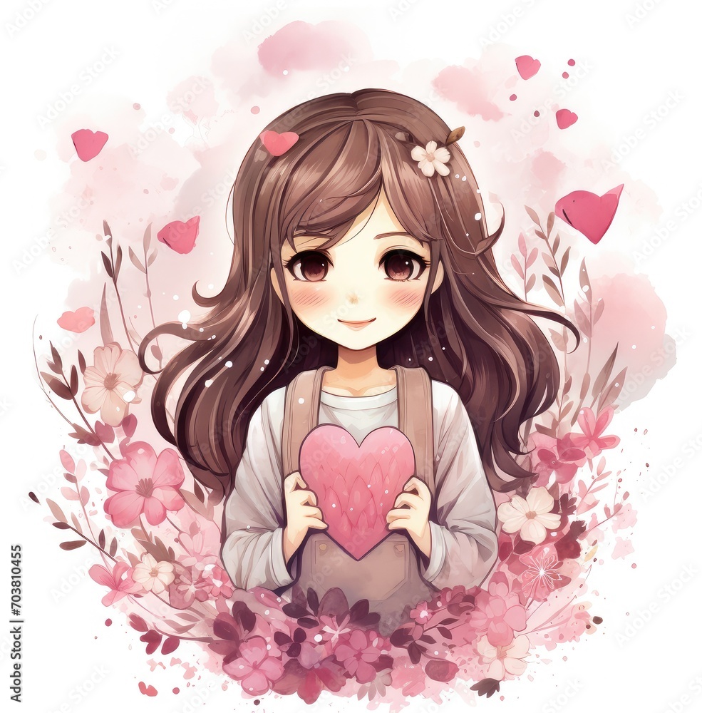 Romantic female illustration. Girl with big eyes. Generative AI Romantic female illustration. Girl with big eyes. Generative AI