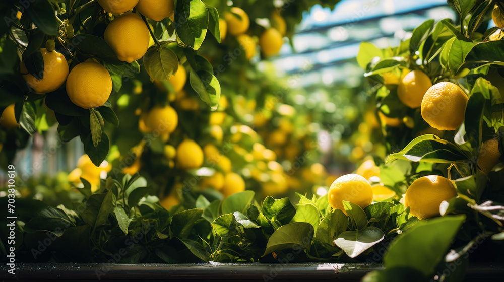 Ripe yellow lemons growing on tree in greenhouse. Generative AI Ripe yellow lemons growing on tree in greenhouse. Generative AI