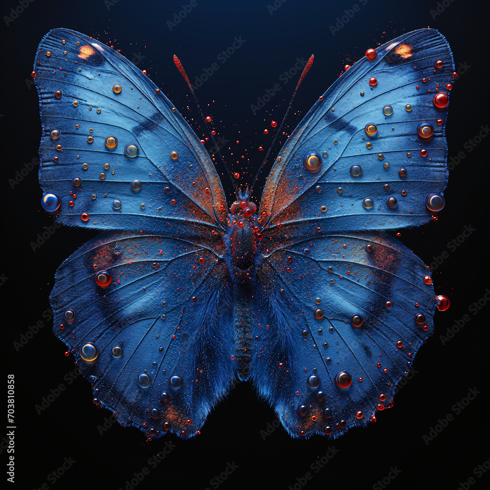 AI generated illustration of a dark-blue butterfly with small colored liquid drops on its wings - obrazy, fototapety, plakaty 