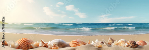 Banner. Seashells on the beach against the backdrop of the sea. AI generative