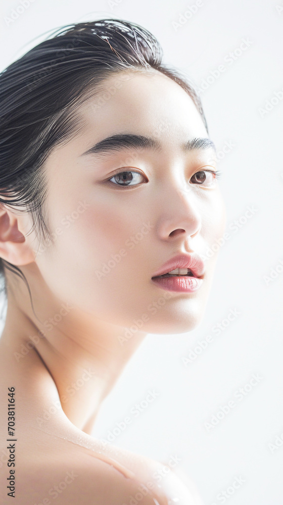 portrait of Korean woman, Beauty Clinic, skincare, white background. Generative Ai.