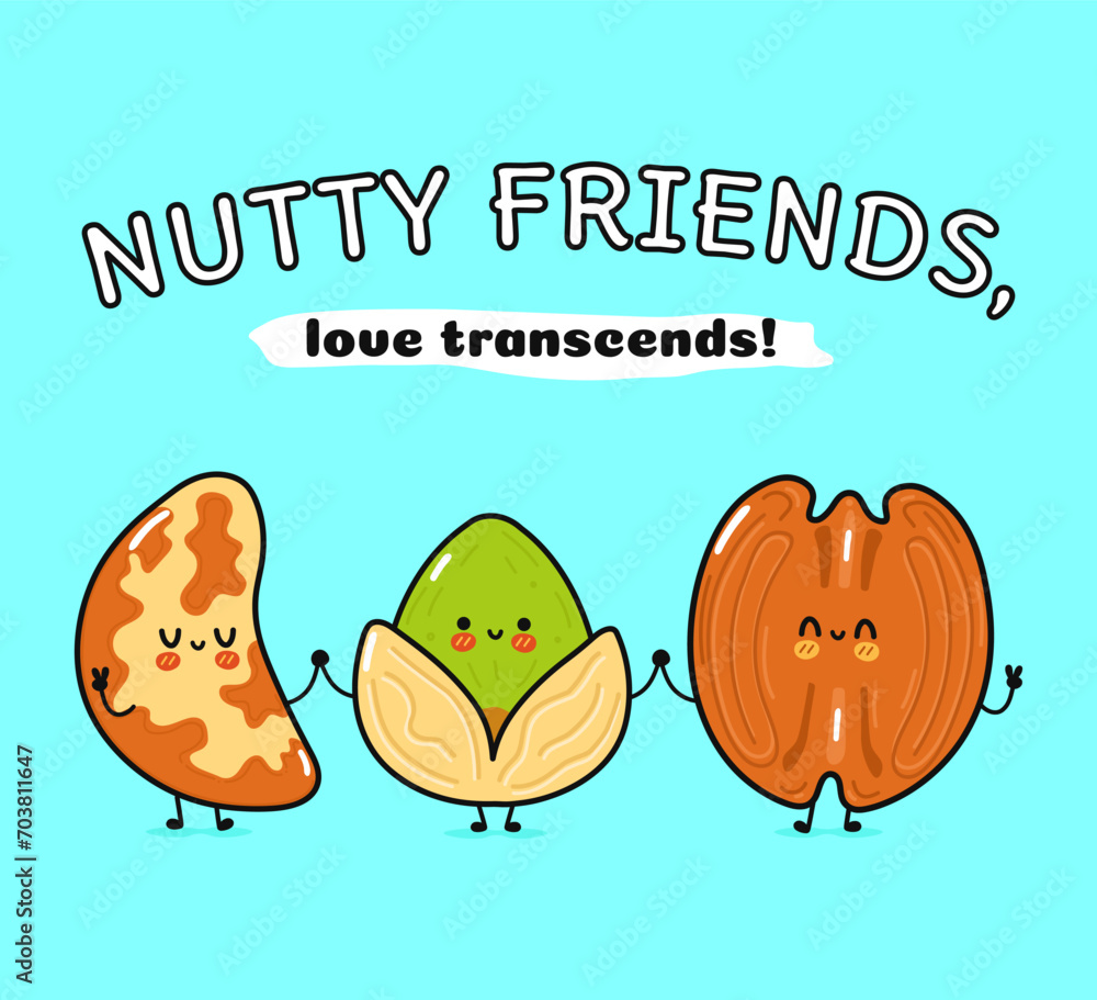 Cute, funny happy Brazilian nut, Pistachio and Pecan. Vector hand drawn