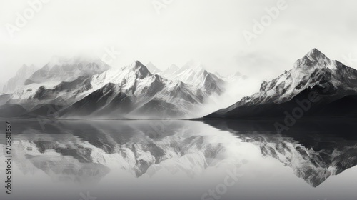  A panoramic view of a mountain range featuring peaks, captured in a monochrome color scheme
