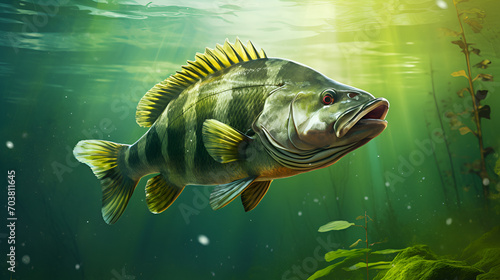 Green fish swimming in the lake with green lighting Wallpaper. ai generative