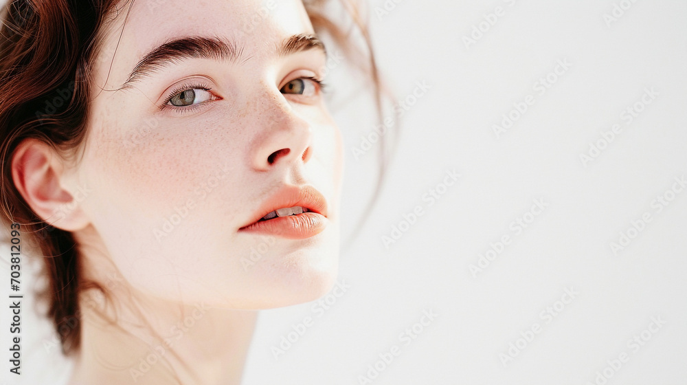 Fototapeta premium portrait of French woman, Beauty Clinic, skincare, white background. Generative Ai.