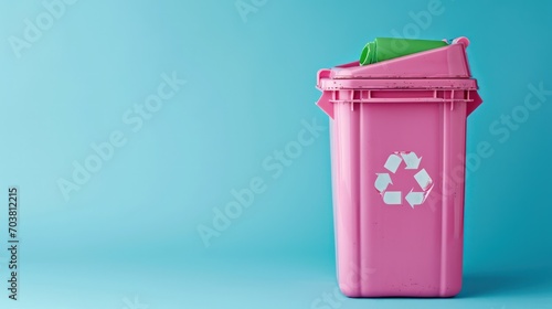 An eco-friendly banner features a pink plastic recycle bin with copy space, isolated against a blue background, promoting awareness and encouraging responsible waste disposal.