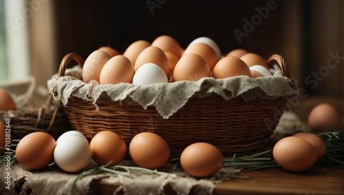 AI generated illustration of a basket filled with fresh, farm-collected eggs on a soft-lit table